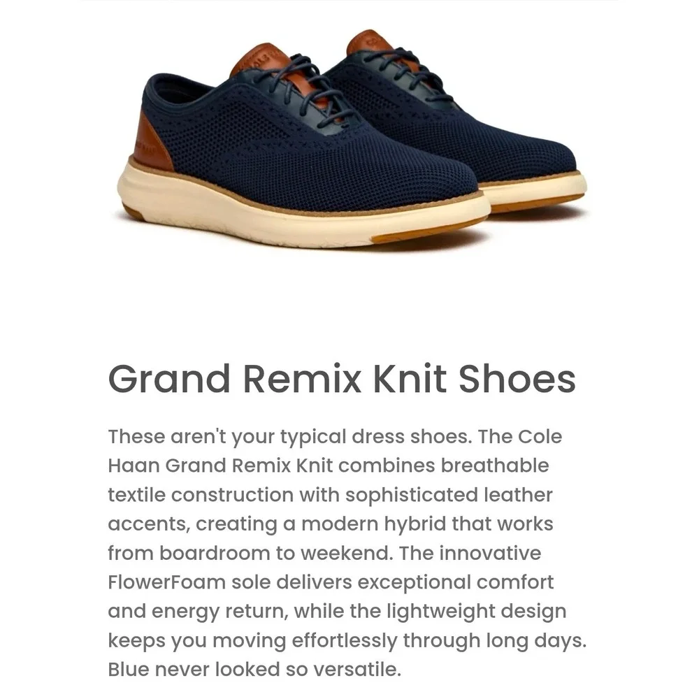 Cole Haan Grand Remix Knit Mens Navy Blue Leather Wingtip Oxford Shoes size 11.5